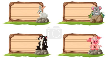 Téléchargez les illustrations : Quatre animaux de dessin animé posant avec des panneaux vierges. - en licence libre de droit