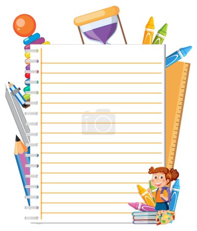 Coloridos útiles escolares con página de cuaderno en blanco