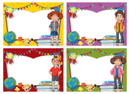 Ilustración de Cuatro marcos vibrantes con niños alegres de la escuela. - Imagen libre de derechos