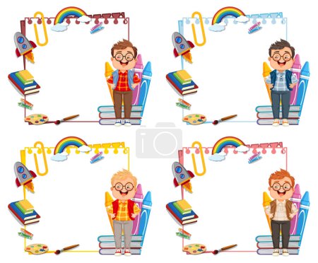 Illustration for Illustrations of students with school supplies and frames. - Royalty Free Image