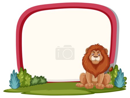 Téléchargez les illustrations : Lion dessin animé assis à côté d'un cadre vide. - en licence libre de droit