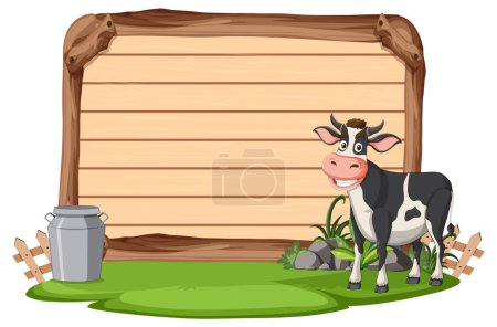 Téléchargez les illustrations : Cartoon vache à côté d'un panneau en bois vierge. - en licence libre de droit