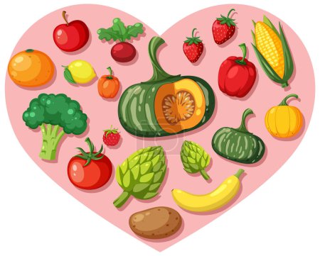 Colorful fruits and vegetables in a heart shape.
