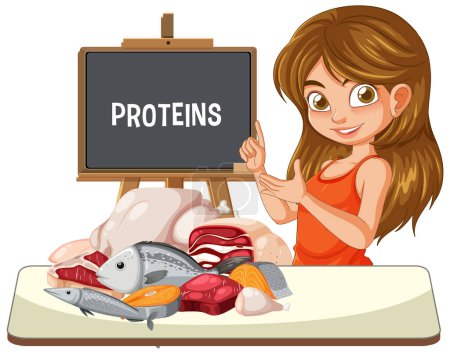 Ilustración de Mujer enseñando sobre varias fuentes de proteínas. - Imagen libre de derechos