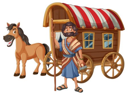 Téléchargez les illustrations : Vecteur coloré d'un homme avec son cheval et sa charrette - en licence libre de droit