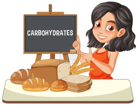 Woman teaching about carbohydrates with food items.