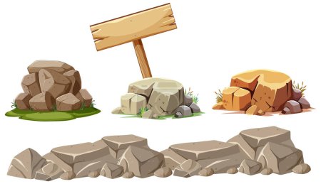 Illustration for Vector illustration of rocks and a wooden sign. - Royalty Free Image