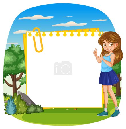 Ilustración de Vector de una chica feliz junto a un bloc de notas vacío - Imagen libre de derechos
