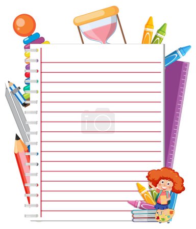 Coloridos útiles escolares alrededor de un cuaderno en blanco.
