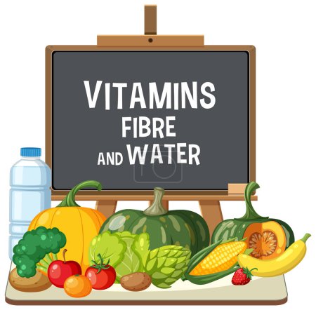 Ilustración de Ilustración de frutas, verduras y agua sobre una mesa. - Imagen libre de derechos