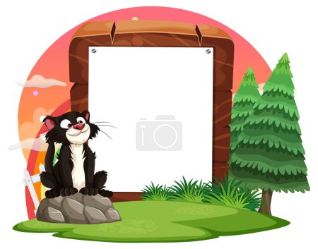 Illustration for Cartoon skunk sitting by a wooden frame. - Royalty Free Image