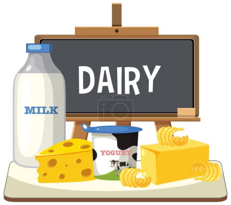 Ilustración de Ilustración de varios productos lácteos sobre una mesa. - Imagen libre de derechos