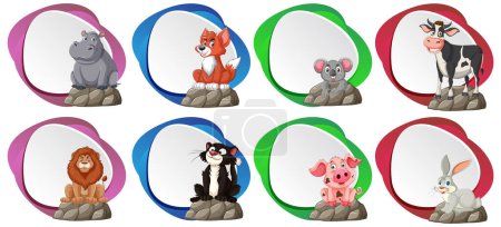 Illustration for Eight cartoon animals depicted in vibrant circles. - Royalty Free Image