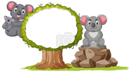 Téléchargez les illustrations : Caricature koalas près d'un arbre et tas de roches. - en licence libre de droit