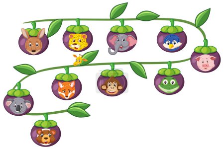 Ilustración de Animales coloridos en fruta caprichosa vid ilustración. - Imagen libre de derechos