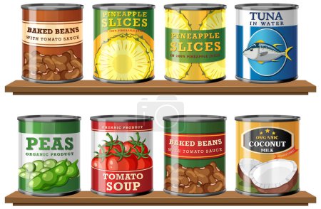 Ilustración de Variedad de alimentos enlatados exhibidos en estantes. - Imagen libre de derechos
