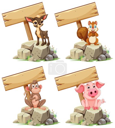 Téléchargez les illustrations : Quatre animaux posant à côté de panneaux en bois vierges. - en licence libre de droit