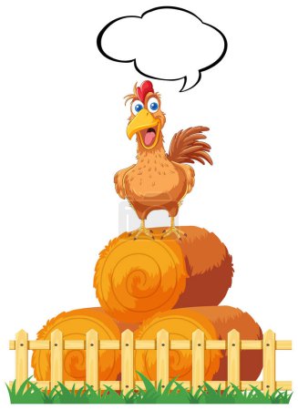Vector illustration of a happy rooster atop hay bales.