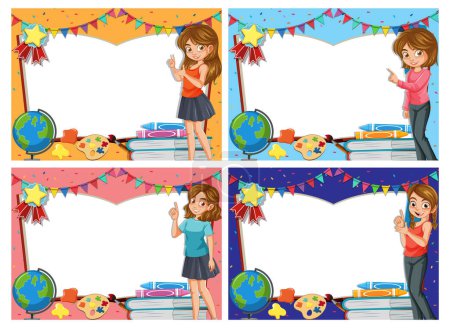 Four scenes of a girl in a decorated classroom.