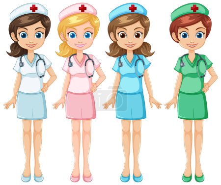 Téléchargez les illustrations : Quatre infirmières de dessin animé en différents uniformes colorés. - en licence libre de droit