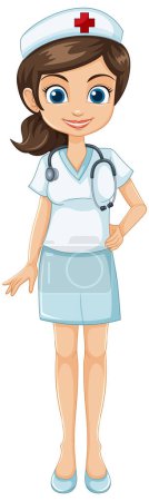 Enfermera de dibujos animados con estetoscopio sonriendo calurosamente.