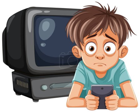 Téléchargez les illustrations : Jeune garçon regardant inquiet tout en tenant un smartphone - en licence libre de droit