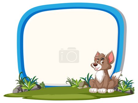 Ilustración de Perro de dibujos animados sentado junto a un marco en blanco al aire libre. - Imagen libre de derechos