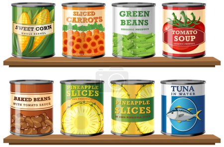Colorful canned goods including vegetables and fish.