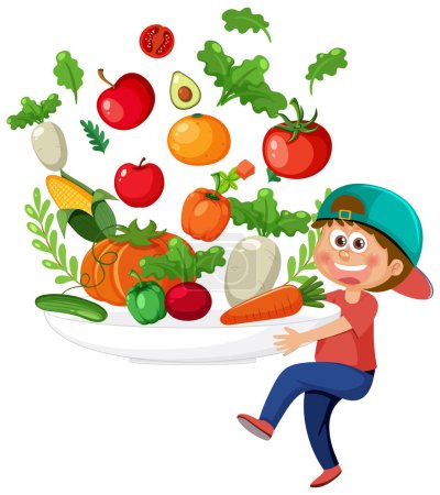 Téléchargez les illustrations : Dessin animé garçon avec un grand bol de légumes colorés - en licence libre de droit