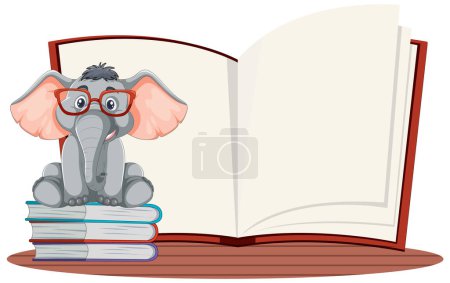 Cartoon elephant with glasses reading a large book.