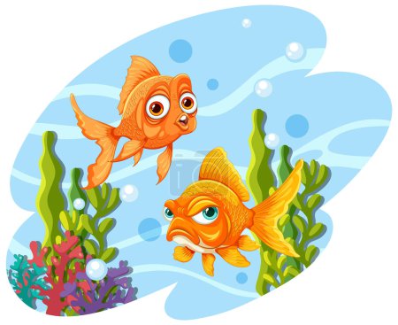 Téléchargez les illustrations : Deux poissons de dessin animé avec des visages expressifs sous l'eau. - en licence libre de droit