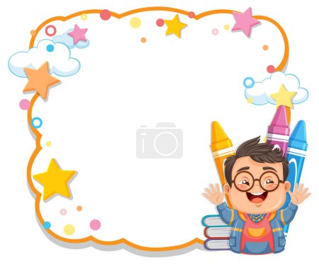 Cheerful boy with crayons, stars, and cloud frame.