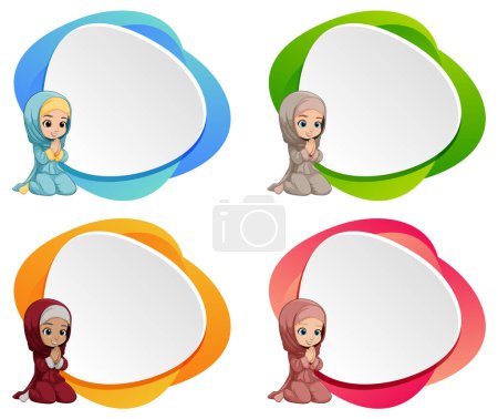 Illustration for Four cheerful characters with vibrant speech bubbles - Royalty Free Image