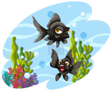 Zwei Zeichentrickfische schwimmen zwischen lebendigen Korallenriffen.