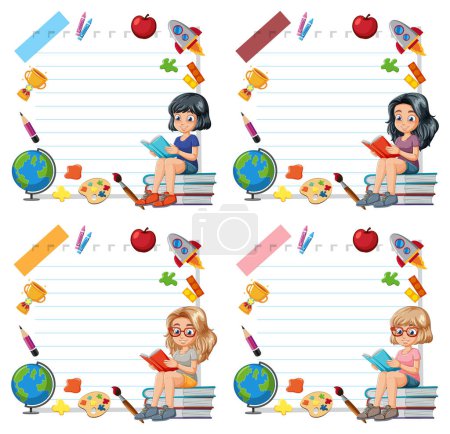 Ilustración de Cuatro niños disfrutando leyendo con iconos educativos. - Imagen libre de derechos