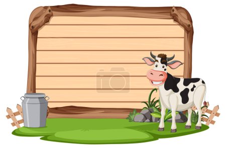 Illustration for Illustration of a cow beside a wooden signboard. - Royalty Free Image