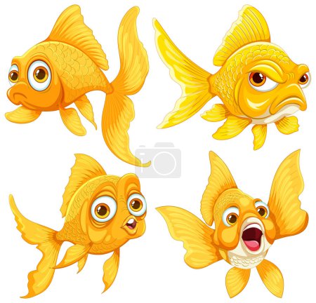Téléchargez les illustrations : Quatre caricatures de poissons rouges montrant différentes émotions. - en licence libre de droit