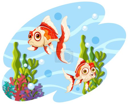 Two cartoon goldfish swimming in a vibrant underwater scene.