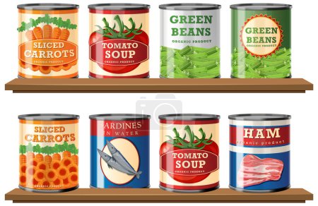Ilustración de Verduras y carnes enlatadas de colores en estantes. - Imagen libre de derechos