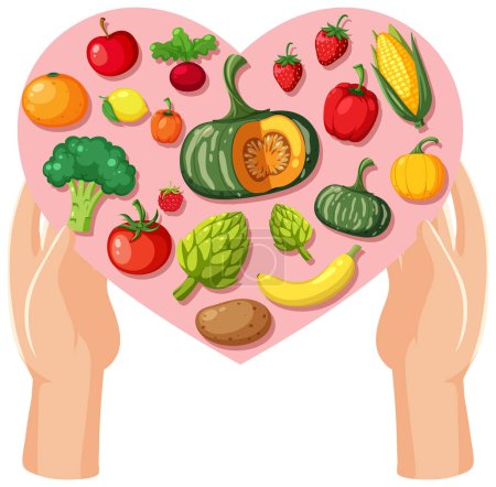Illustration for Hands holding a heart filled with various fruits and vegetables. - Royalty Free Image