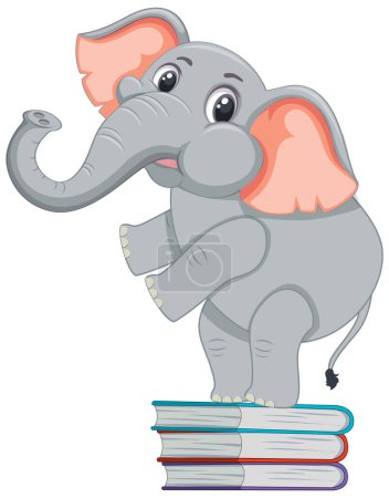Ilustración de Lindo elefante de pie en una pila de libros coloridos. - Imagen libre de derechos