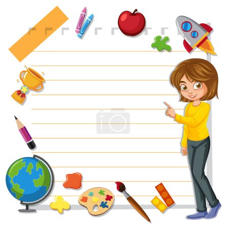 Karikatur eines Mädchens mit Bildungsobjekten und Blankoliste