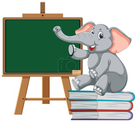 Elefante de dibujos animados sentado en libros junto a una pizarra.
