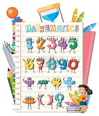 Cartoon girl studying with playful number characters