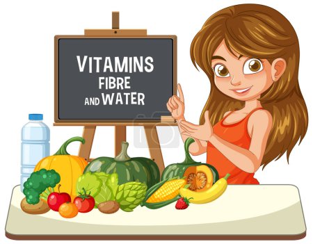 Illustration for Woman teaching about vitamins, fiber, and hydration. - Royalty Free Image