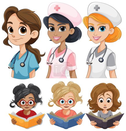Ilustración de Ilustración de las mujeres en la atención sanitaria y la educación. - Imagen libre de derechos