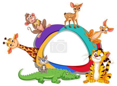 Ilustración de Animales de dibujos animados jugando alrededor de un arco iris vibrante - Imagen libre de derechos