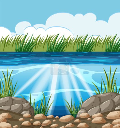 Téléchargez les illustrations : Art vectoriel d'un lac calme avec rochers et herbe. - en licence libre de droit