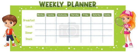 Colorful planner with meal slots and kids playing sports.