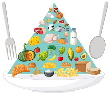 Ilustración de Ilustración vectorial de diversos alimentos en un plato. - Imagen libre de derechos